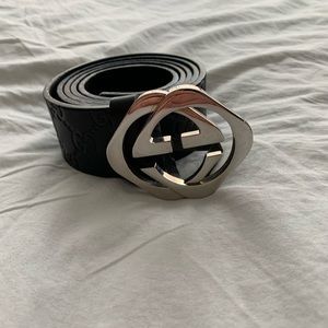 Gucci Silver Diamond Black G Leather Belt